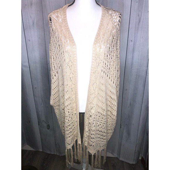 Woven Heart Sweaters - WOVEN HEART Crocheted Kimono Cardigan Fringe OS